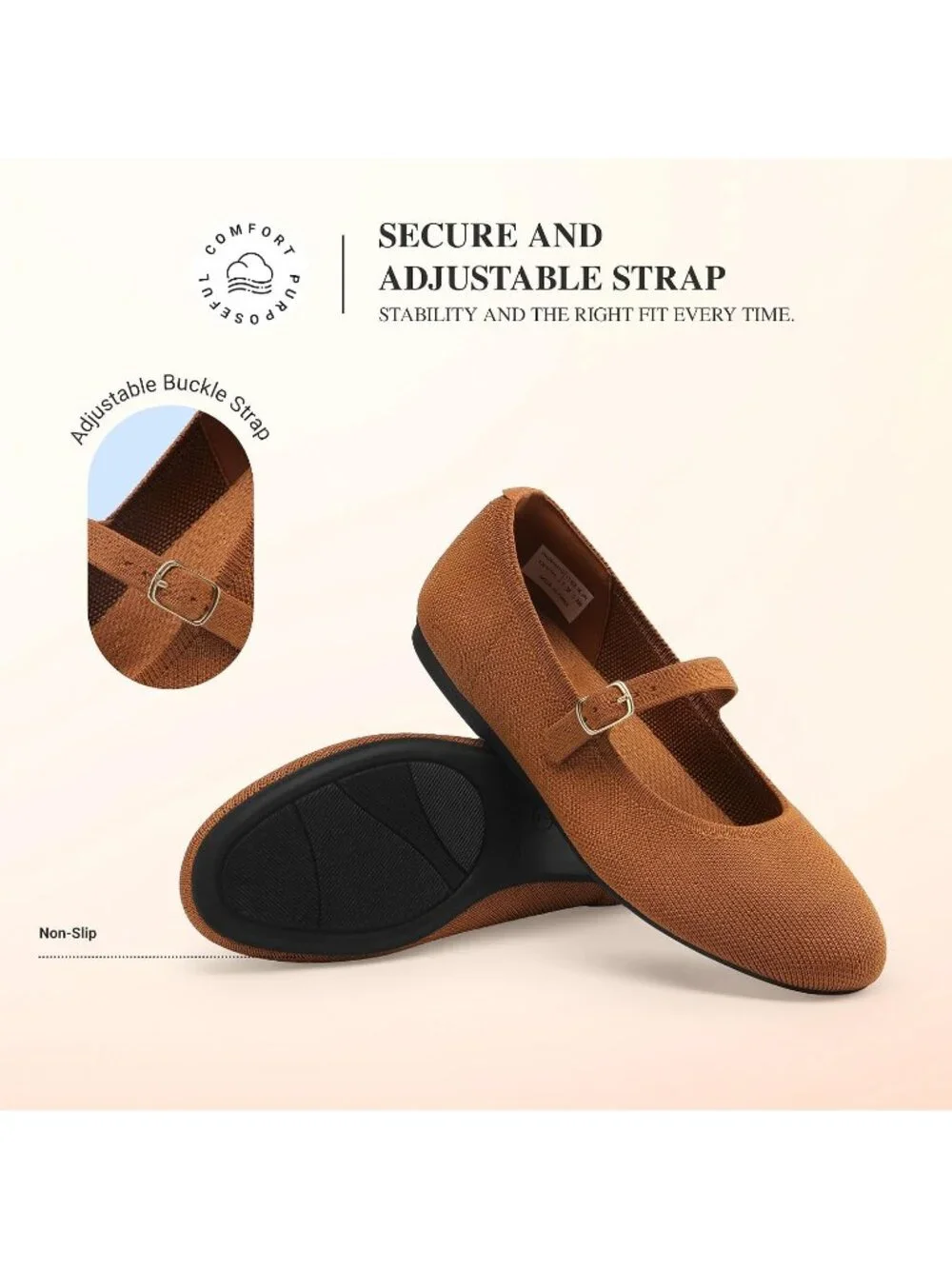 Women's Brown Knit Mary Jane Ballet Flat Comfortable For Casual Office Shoes
